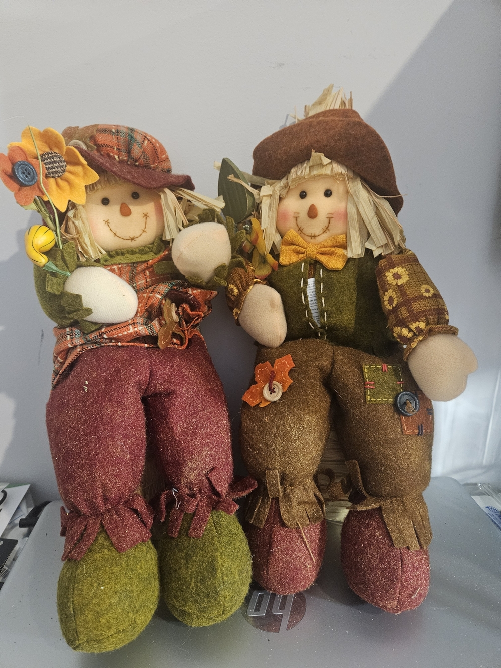 Decorative Fall Scarecrow Doll Pair - Green, Brown & Rust Harvest Decor